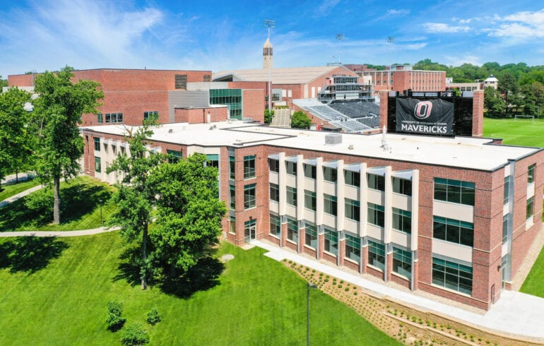 Aerial view of large brick building