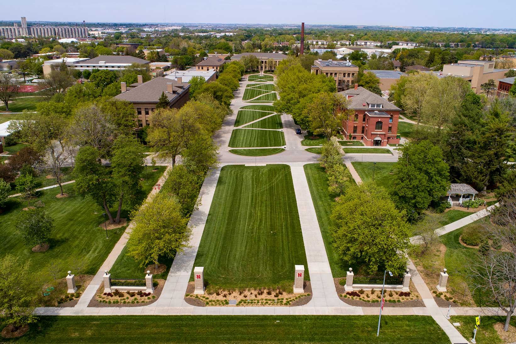 University of Nebraska–Lincoln campus aerial shot of grassy mall area