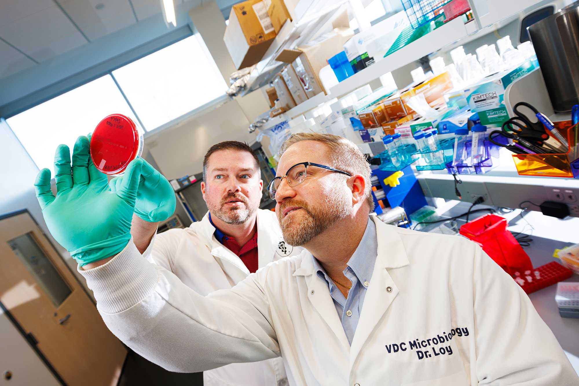 two male scientists in lab coats looking at a petri dish