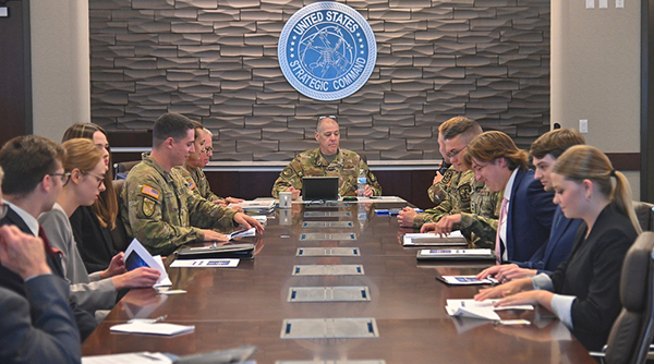 2022 NSRI Strategic Deterrence Interns brief Lt. Gen. Thomas Bussiere and Major General Gregory Brady at USSTRATCOM headquarters, Offutt Air Force Base, Omaha, Nebraska