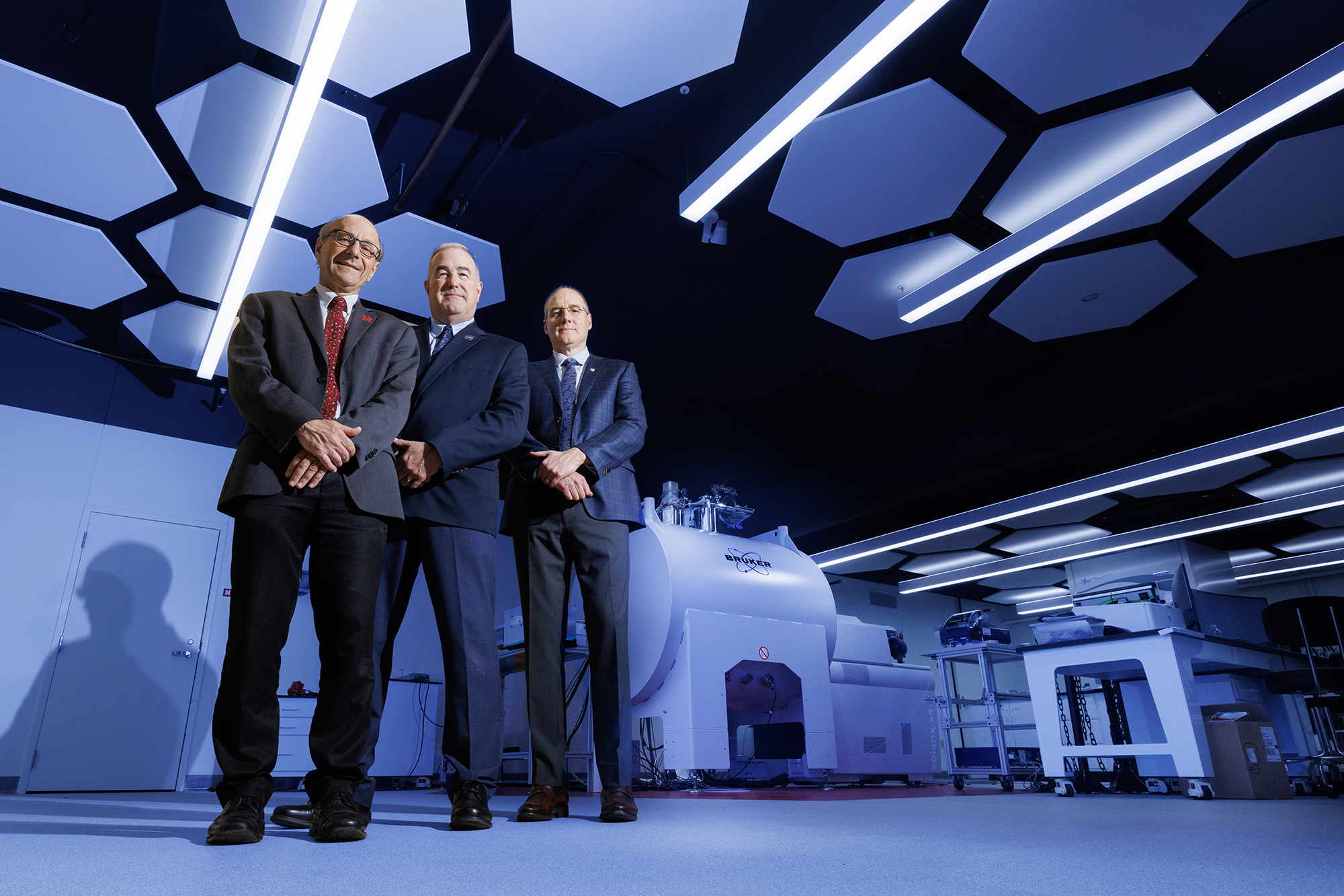 rom left, David Berkowitz, PhD, co-principal investigator and Willa Cather Professor of chemistry at the University of Nebraska-Lincoln, Maj. Gen. USAF (Ret.) Rick Evans, National Strategic Research Institute executive director, and Ken Bayles, PhD, co-principal investigator and UNMC vice chancellor for research