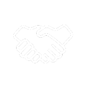 Simple white handshake icon on a black background, symbolizing partnership, agreement, or collaboration