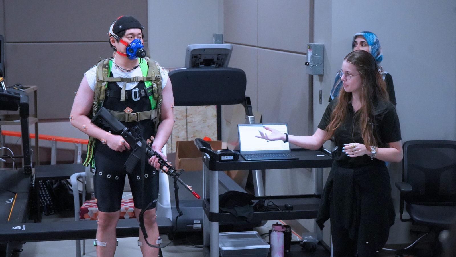 A demonstration at the University of Nebraska at Omaha Biomechanics Research Building featured advanced sensors that allow not only the monitoring of a warfighter's motion but also the physiological effects of the simulated environment.