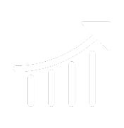 White line icon of a rising bar chart with an upward arrow on a black background, symbolizing growth, performance improvement, or business success