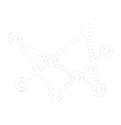 White icon depicting a network of connected nodes linked by solid and dashed lines, forming an abstract geometric pattern on a transparent background