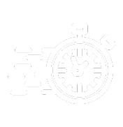 White icon of a stopwatch with motion lines indicating speed, rendered on a transparent background.