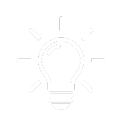 White icon of a light bulb with short rays surrounding it, symbolizing an idea or illumination, on a transparent background.
