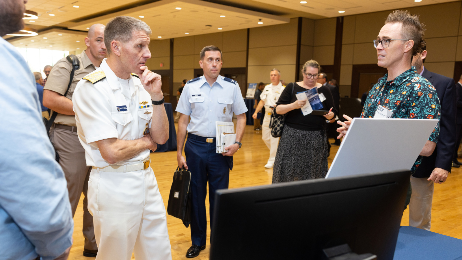 ADM Rich Correll, Commander of U.S. Strategic Command, talks with Dr. Dustin White, professor of economics at the University of Nebraska at Omaha College of Business Administration, about a research and development project that is modernizing the command’s strategic mission planning and execution system. September 8, 2026, University of Nebraska–Lincoln East Campus Union, Lincoln, Nebraska.