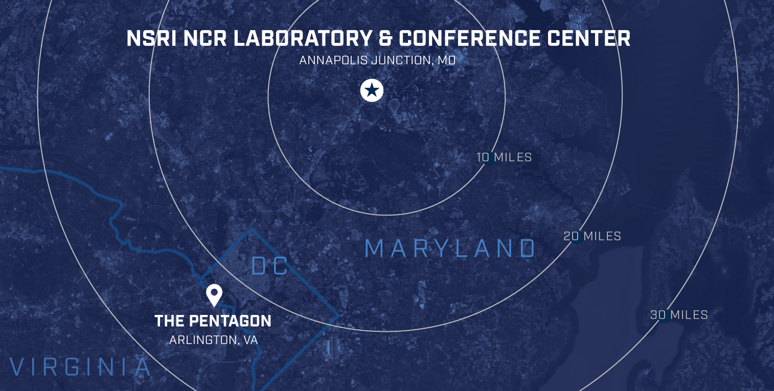 “Map graphic showing the National Security Research Institute’s NCR Laboratory & Conference Center in Annapolis Junction, Maryland, with proximity rings illustrating 10‑, 20‑, and 30‑mile distances. The map highlights the National Security Agency in Fort Meade at the center, with labeled reference points including Washington, D.C., and the Pentagon in Arlington, Virginia.
