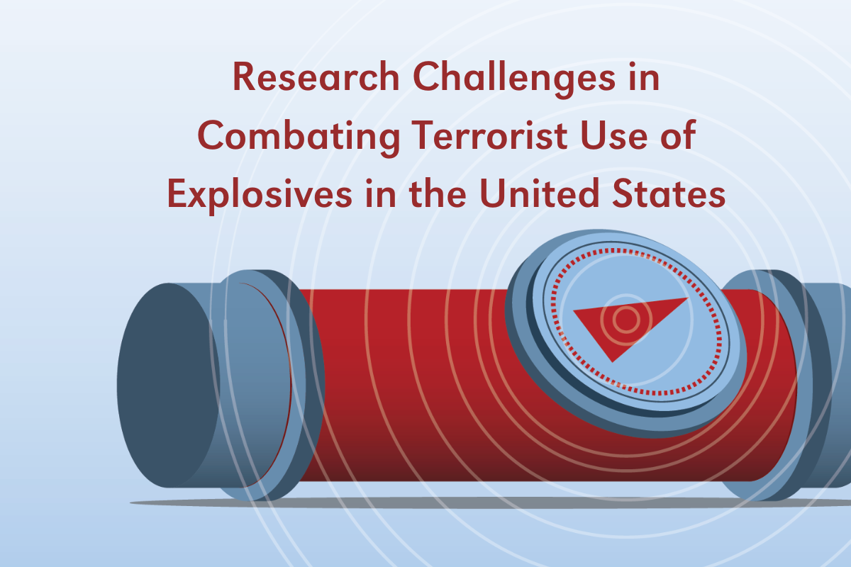 Illustration of a red cylindrical object resembling a dynamite stick, with text "Research Challenges in Combating Terrorist Use of Explosives in the United States" above it.