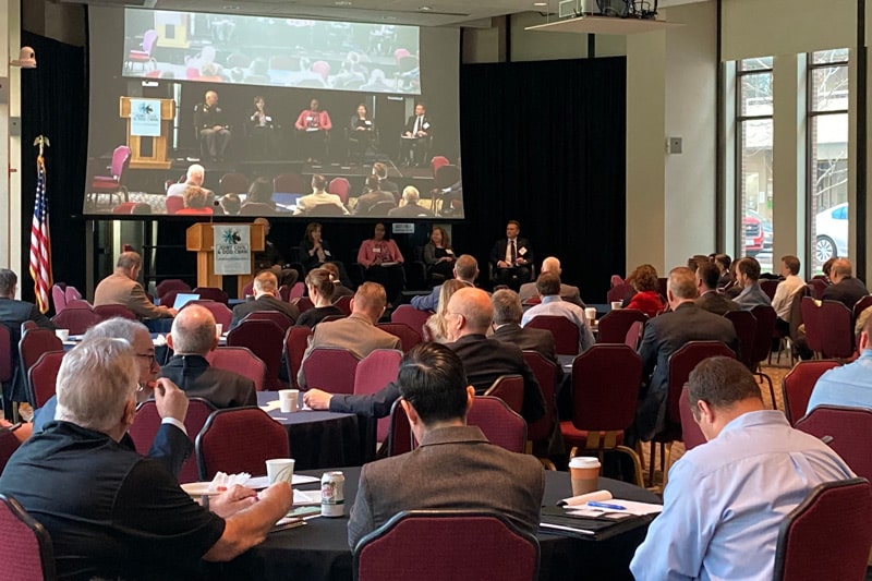 Marty Sikes (far right on stage), NSRI associate executive director,
                            moderates the panel, “Utilizing Emerging Tech to Aid Response
                            & Recovery in a CBRN Affected Dense Urban Environment,”
                            at the March 2024 Joint Civil & DOD CBRN Symposium,
                            Washington, D.C. 