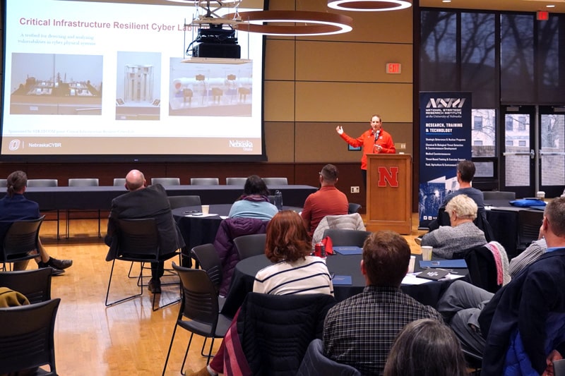 NSRI Fellow Dr. George Grispos,
                            assistant professor in the school
                            of interdisciplinary informatics
                            at the University of Nebraska
                            at Omaha, presents at a food,
                            agriculture and environment
                            security faculty workshop hosted
                            by NSRI at the University of
                            Nebraska–Lincoln East Campus
                            Union, Lincoln, Nebraska, March
                            2023.