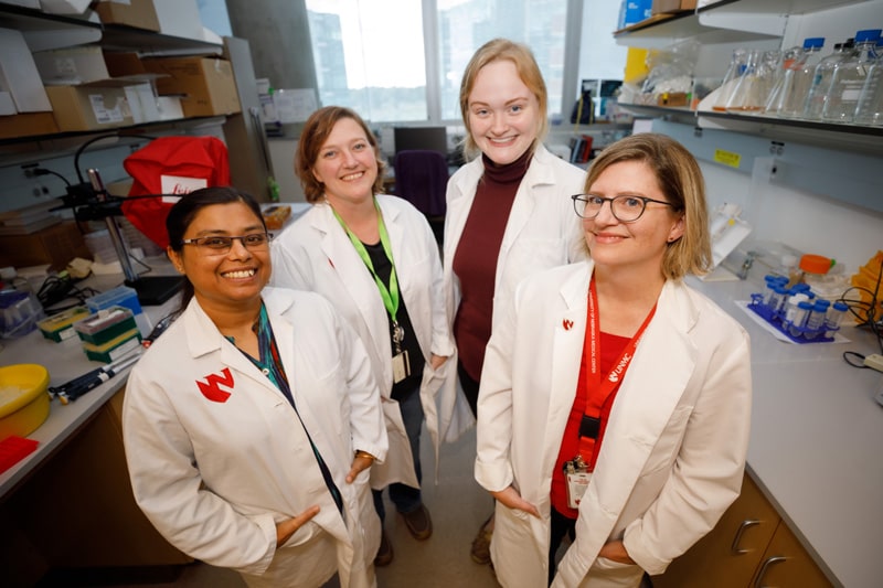 NSRI Fellow Dr. Rebecca Oberley-Deegan (right) and her
                            laboratory colleagues contribute their expertise in identifying
                            radioprotectors for a Defense Health Agency project through
                            NSRI. From left: Arpita Chatterjee, Annie Kosmacek, Molly Myers.