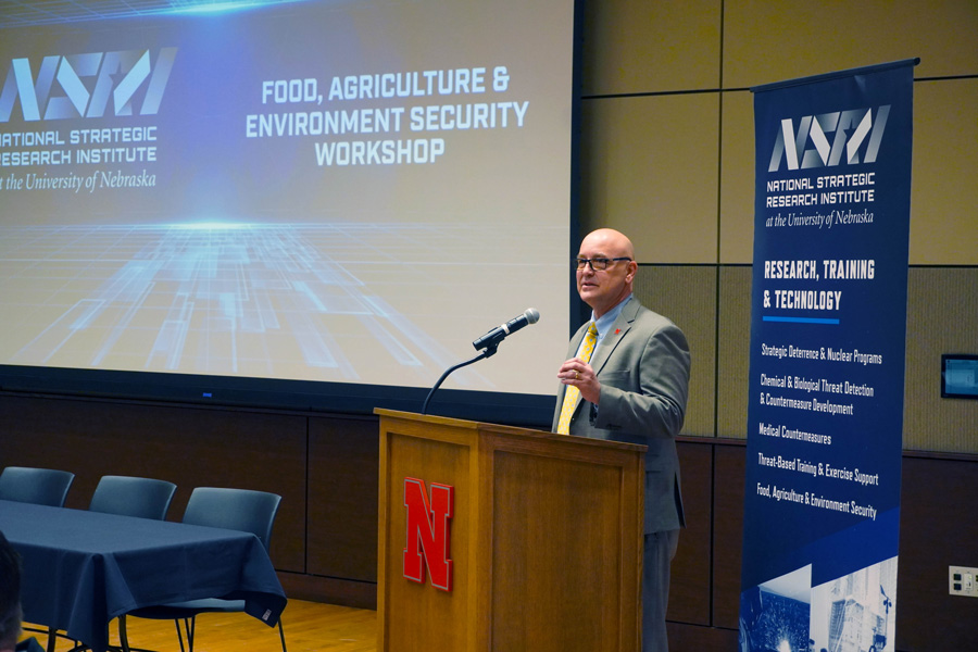 Dr. Mike Boehm, vice president and vice chancellor of
                        agriculture and natural resources, provides a welcome at the
                        March 2023 FAES launch workshop with 60 faculty in attendance.